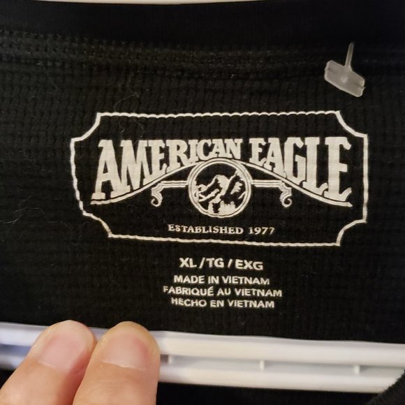 American Eagle Men's Black Grey Eagle Cuffed Long Sleeves Waffle Shirt -Size: XL - Picture 8 of 10